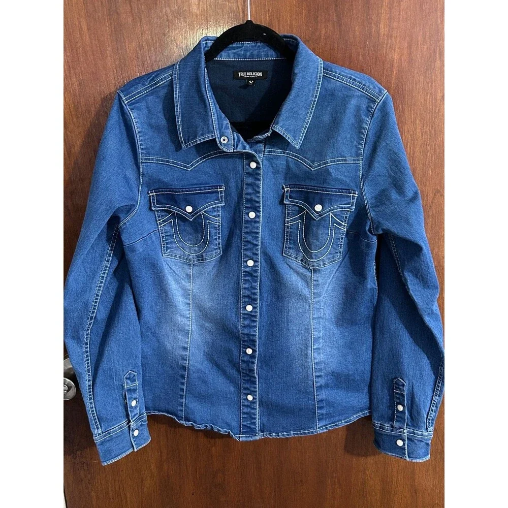 True Religion Men's Denim Western Button Up Shirt Blue Embroidered Long Sleeve